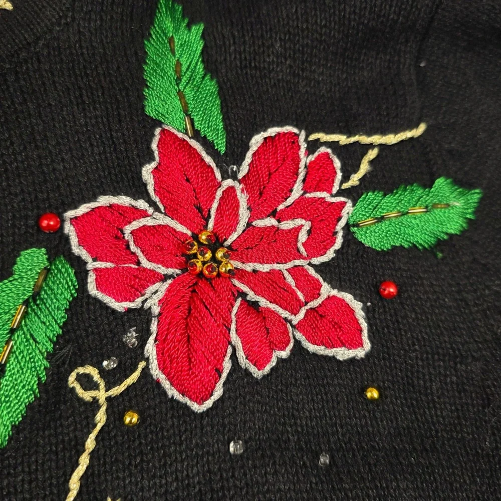 Vintage Reference Point Christmas Poinsettia Beaded Embroidered Cardigan Sweater